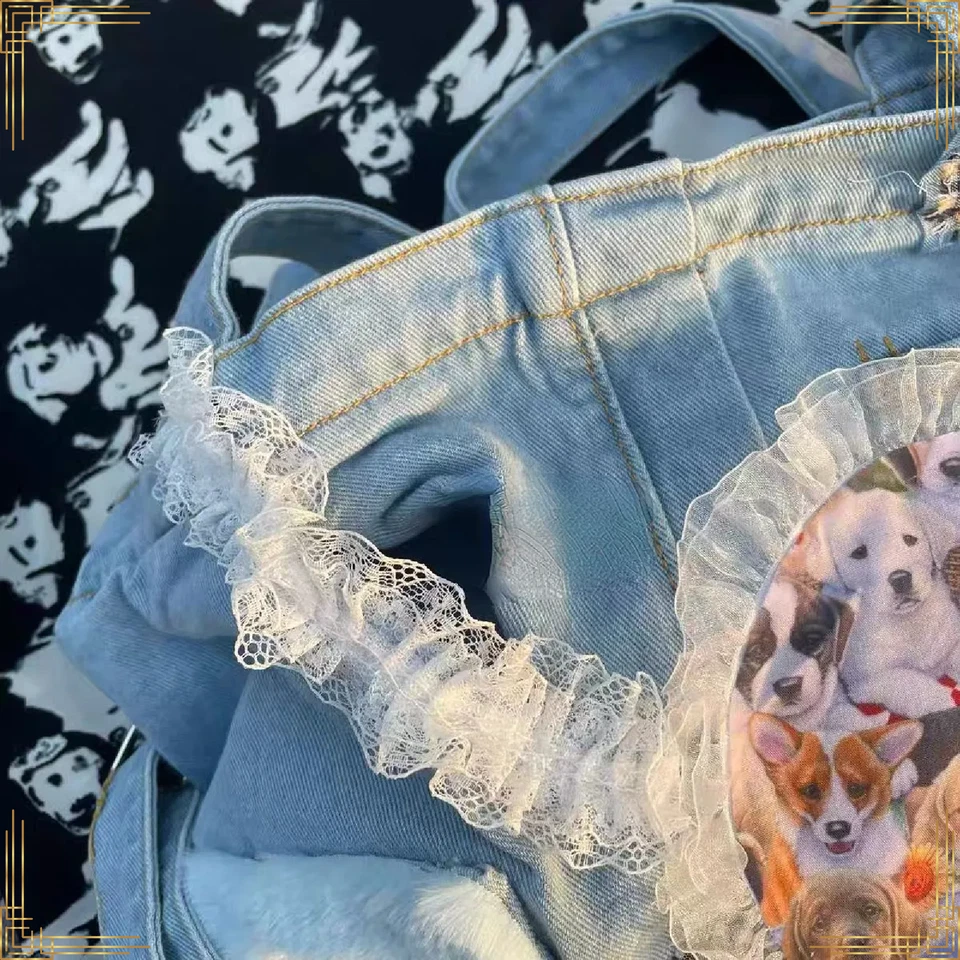 WOMEN BAG Y2K Fashion Denim Lace Dogs Patchwork Vintage Crossbody Shoulder Tote - Imagem 3 de 4