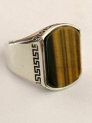 Solid 925 Sterling Silver Tiger's Eye Mens Signet Ring Size 7 8 9 10 11 12 13 - Picture 2 of 8