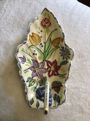 Blue Ridge Southern Pottery Summertime Celery Dish leaf w/ Handle. Hand painted.