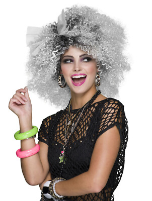 Curly 80s 90s Big Hair Ladies Afro Madonna Blonde Gray Wig Fancy Dress  Costume | eBay