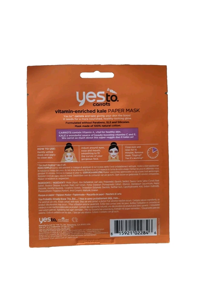2X YES to Carrots Vitamin Enriched Kale PAPER MASK vegan Nutrition Boosting - Image 2 of 2