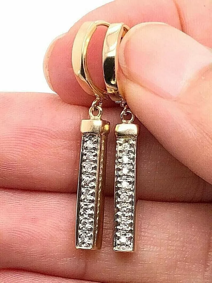 1Ct Round Cut Diamond Lab Created Bar Drop Dangle Earring 14K Yellow Gold Plated - Image 4 of 4