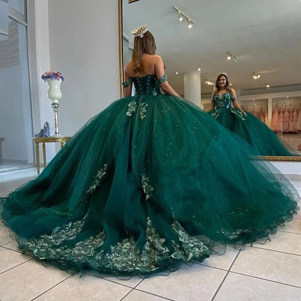 Satin Hunter Green Off Shoulders Ball Gown Prom Dress with Lace Appliques