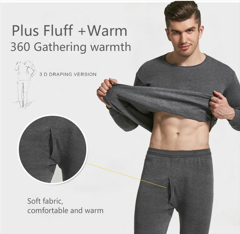 Men Winter Fleece Lined 100% Cotton Thermal Long Johns Top Bottom Underwear Set - Image 3 of 4
