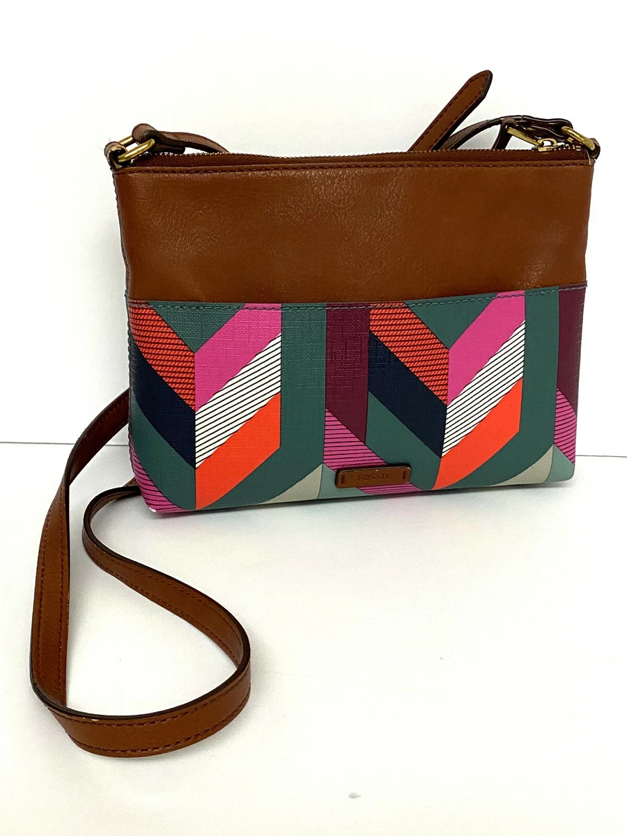 Fossil Fiona Large Chevron Leather Crossbody Purse Multicolor Adjustable Strap