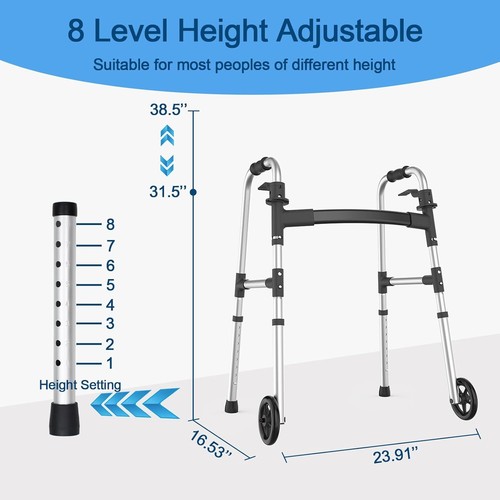 Walkers for Seniors Folding Walker with Ski Glides 5"Front Wheel Medical Walker - Picture 3 of 6