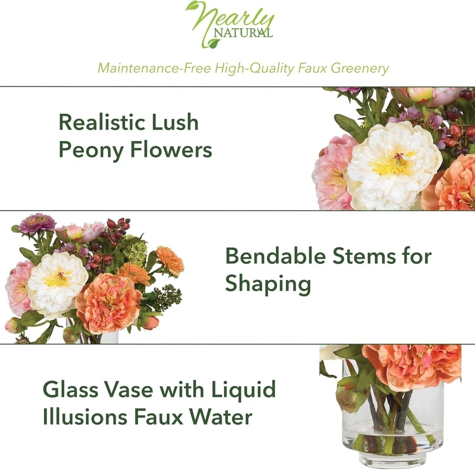 10-дюймовая реалистичная мини-аранжировка шелкового пиона в стеклянной вазе — круглогодичная красота - Изображение 4 из 4