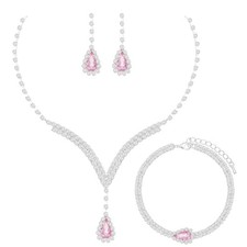 Elegant V-shape Crystal Wedding Jewelry Set for Women Pink Crystal-Silver Tone