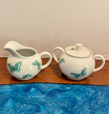 Jean Luce Blue Butterfly w/Gold Accents Creamer and Sugar Bowl Made in Germany