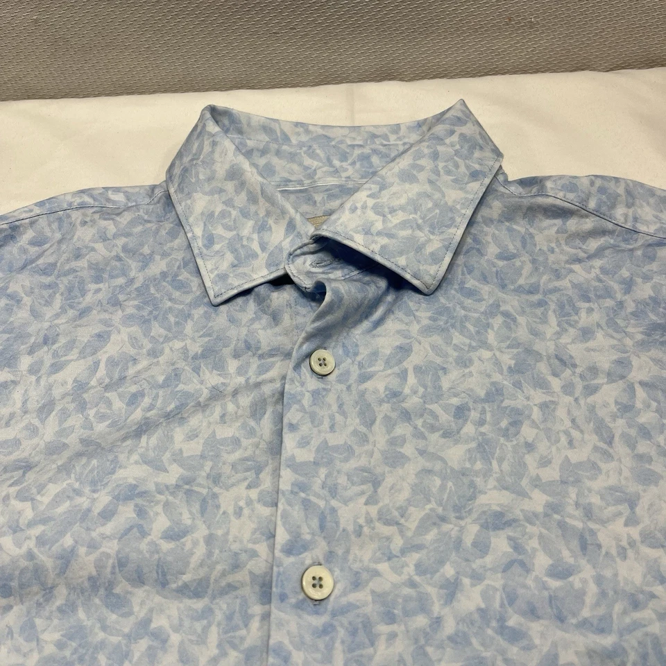 Bugatchi OooHCotton 8 Way Tech Stretch Button Up Shirt Large Air Blue Leaves - Image 2 of 4
