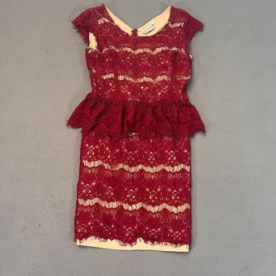 Anthropologie Maeve Women's Med Sheath Dress Burgundy Red Lace Peplum Hem Cap