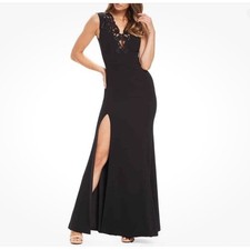 Dress the Population S Black Embroidered Lace Neck Maxi Gown Thigh Slit w/ FLAW