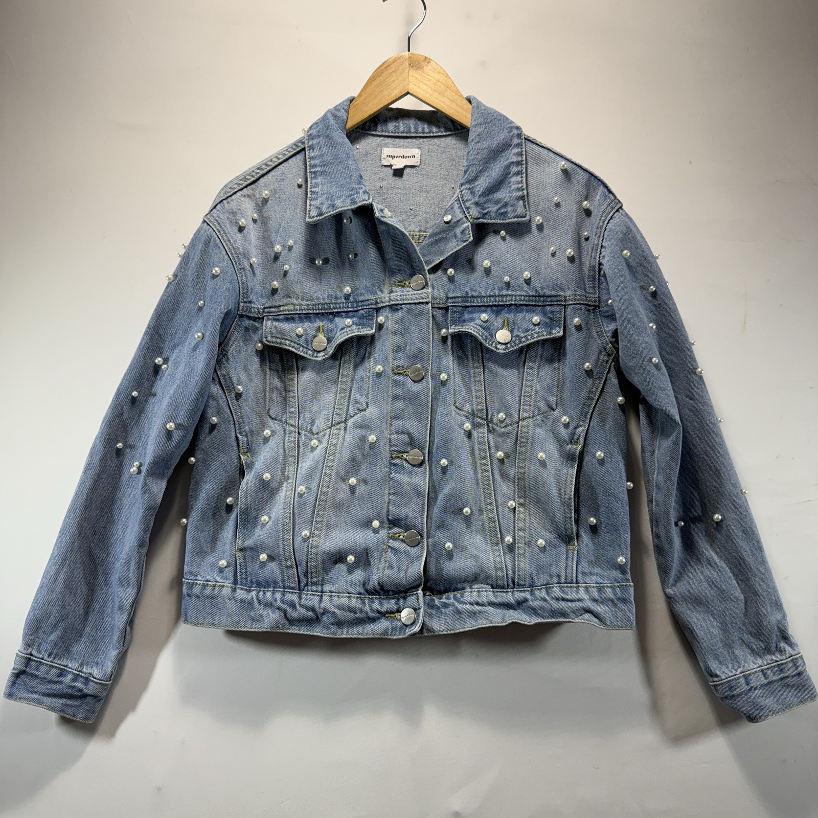 Denim Jacket Pearl Accent Superdown Trucker Cowboy Light Wash Womens XXS-image
