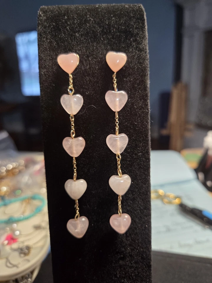 Pendientes Perforados BaubleBar Firmados Cuarzo Rosa Corazón Excelente Estado Foto 4 de 4