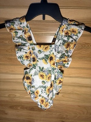 Baby Girl Sunflower Print Ruffle Open Back Romper One Piece Summer Suit