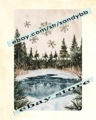 Ice Pond metal sign snowy forest lake art