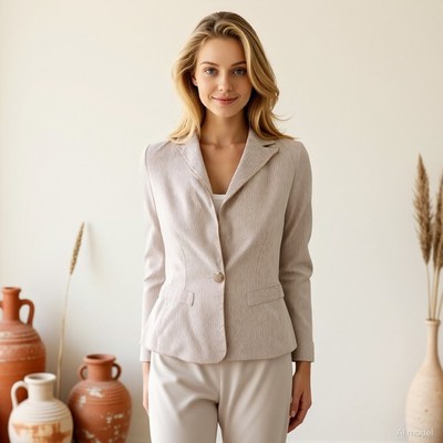 Preppy Nautical Blazer Beige White Striped Cotton Blend Long Sleeve US 4