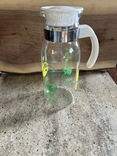 Vintage Pyrex Glass Lemon Lime Pitcher Carafe 1 Quart Welcome Degustation