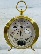 Vintage Bulova Swiss Brass Musical Table Clock Roman Dial Works Great