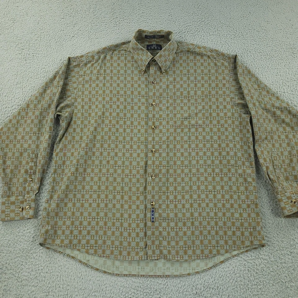 Camisa De Colección Enro Para Hombres XL Marrón Geométrica Manga Larga Vestido Botón Delantero Años 90 Foto 3 de 4