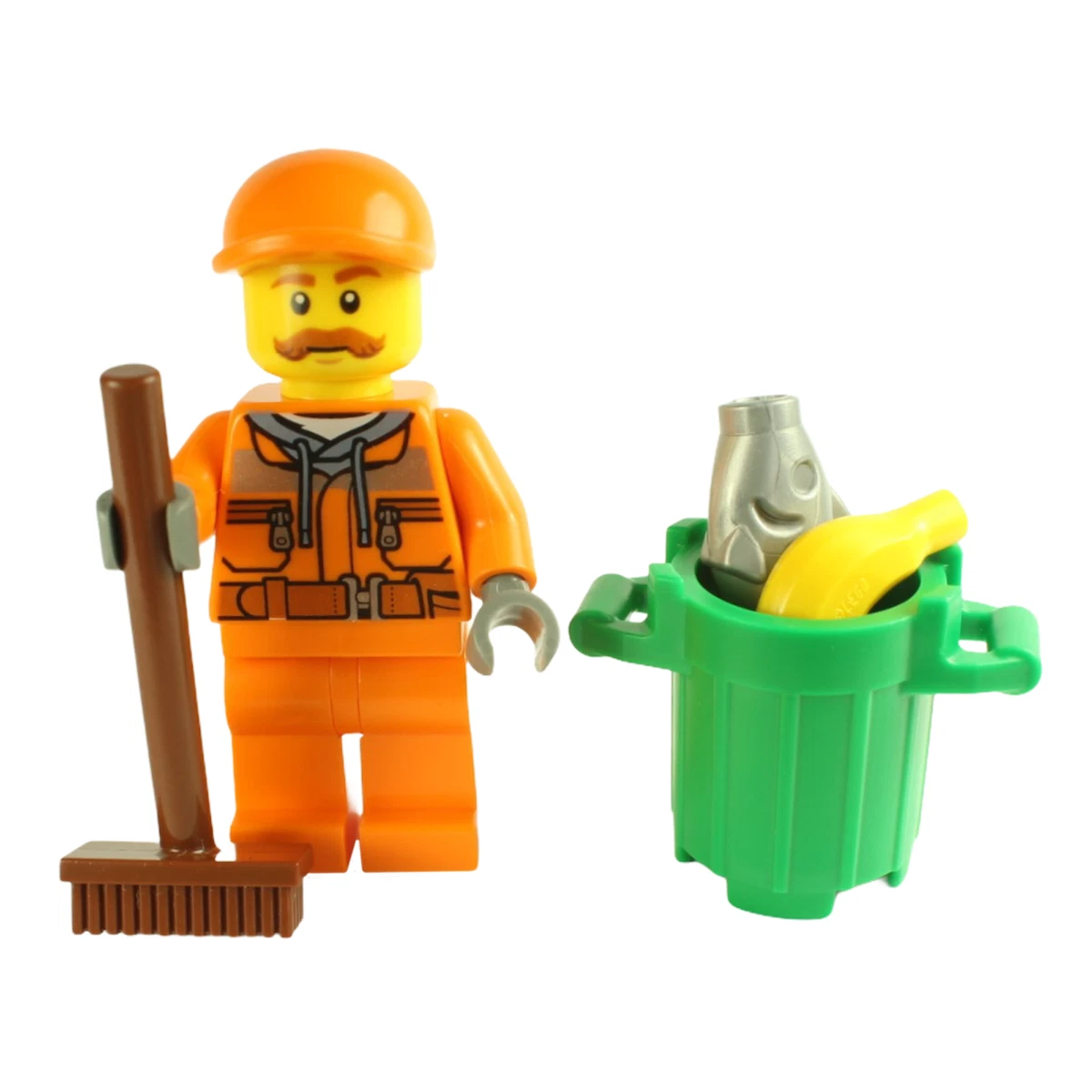 LEGO city minifigure bin man brush broom trash can garbage rubbish