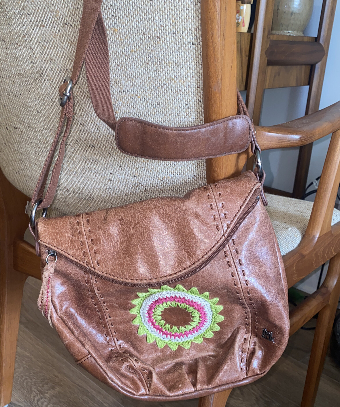 THE SAK Deena Whipstitch Embroidered Flap Leather Crossbody Shoulder