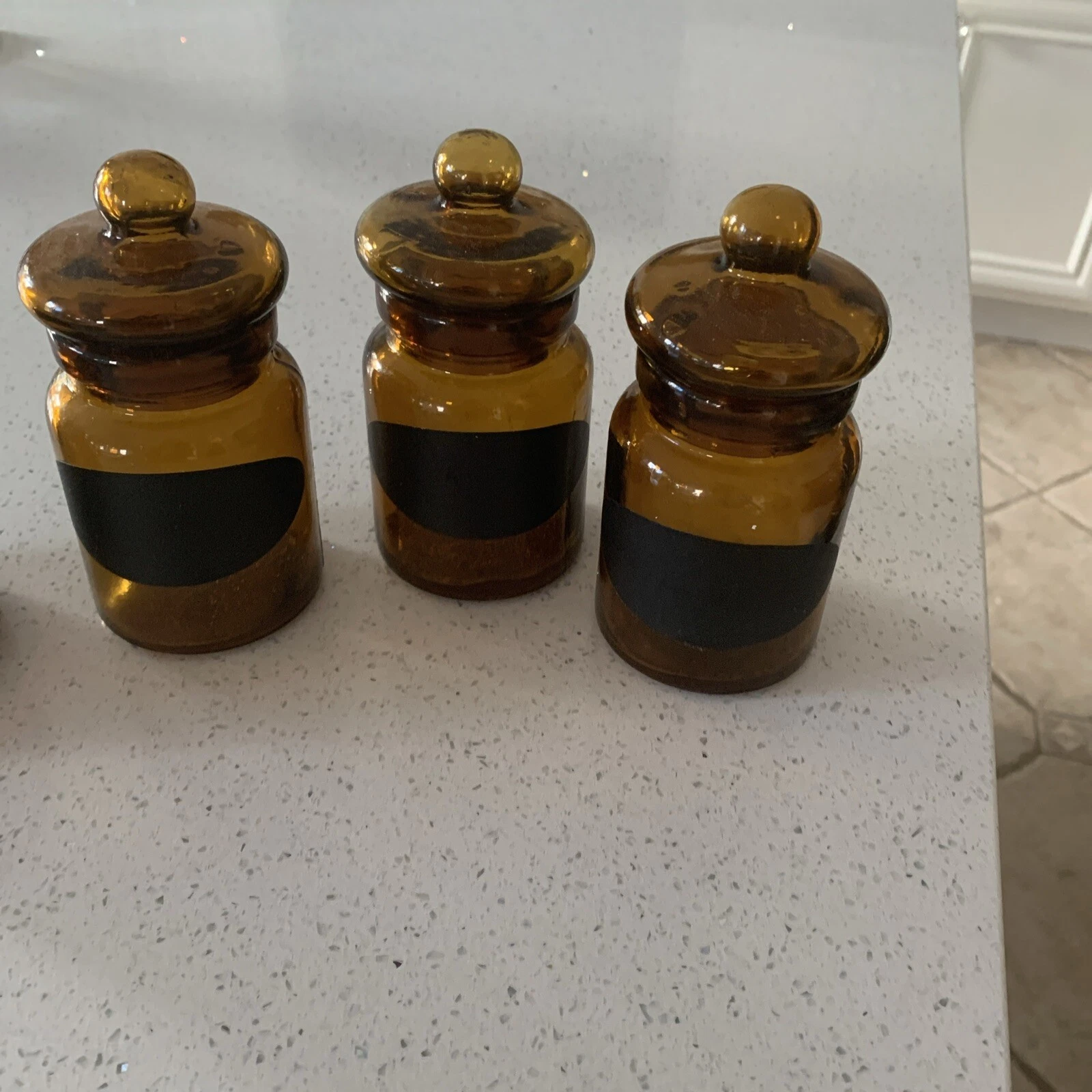 3 Vintage Restoration Hardware Apothecary Amber Brown Glass Jar with Bubble Lid