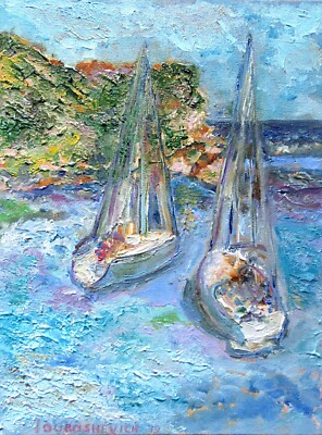 Coastal Painting Original on Canvas Oil Impasto Ocean Yachts Nautical Seascape
