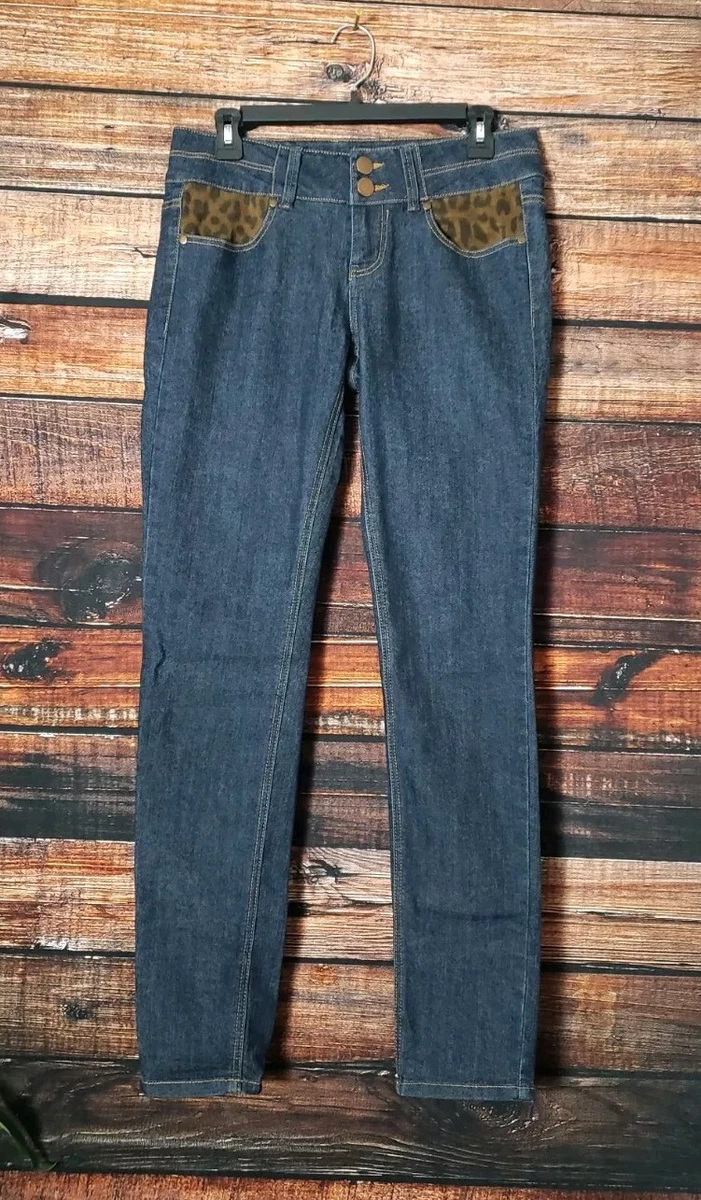 Pantalones de mezclilla Forever 21 28 premium azul oscuro estampado de leopardo adornados ajustados XXI