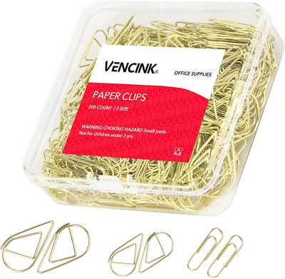 300 Pcs Cute Gold Paper Clips Assorted Sizes, Smooth Steel Wire Drop-Shaped Pape