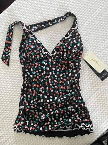 Womens Tankini Swim Top PROFILE BY GOTTEX Black Multi Gin Fizz Tie Neck 6 -3540