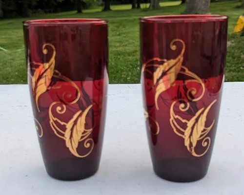 Drinking Glassses Ruby Red With Gold Color Leaf Design Set Of 2 VINTAGE! may23 - Picture 5 of 10