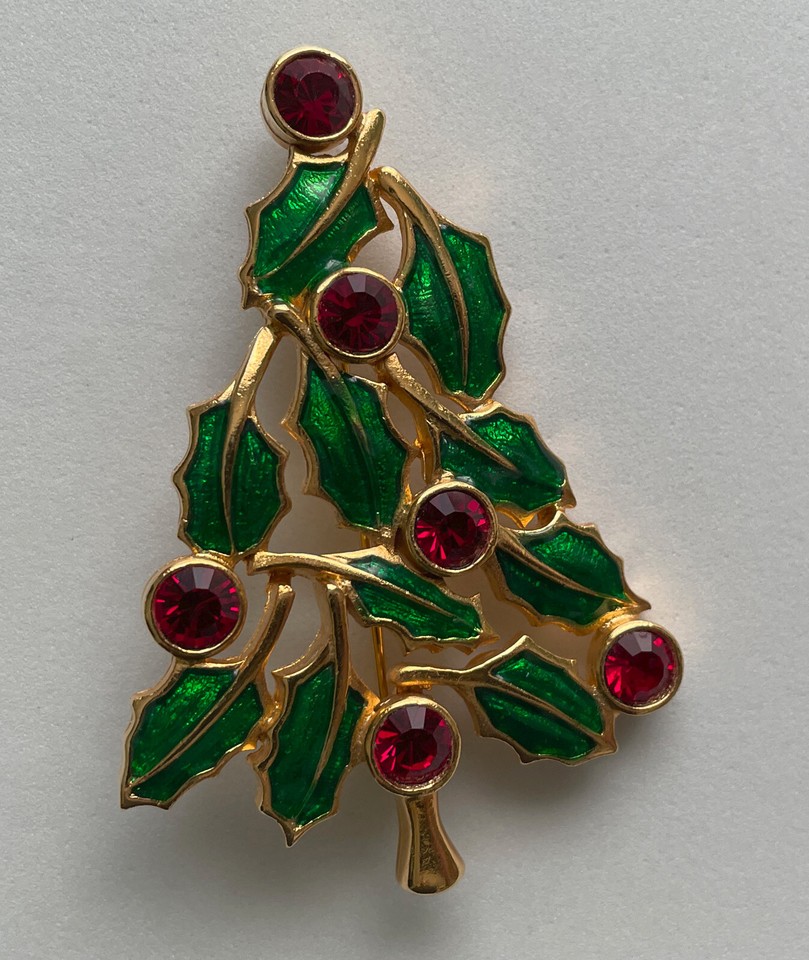 VINTAGE CHRISTMAS TREE BROOCH PIN TC HOLLY RED RS ENAMEL SIGNED BOOK