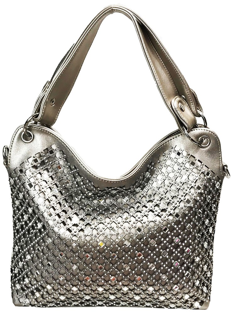 Mirror Rhinestone Bling Purse Sparkle Handbag B3169181-PT Silver Grey