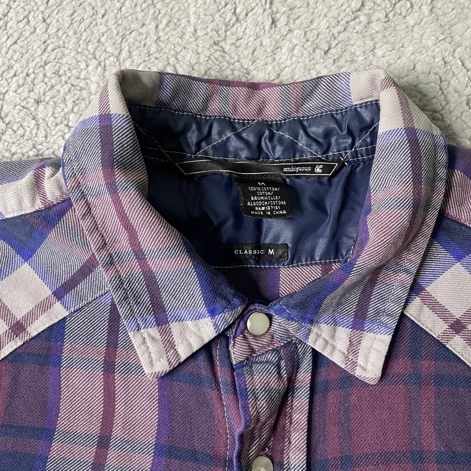 Ambiguous Button Up Pearl Snap Shirt Mens Medium Purple Plaid Flannel Casual  - Image 4 of 4