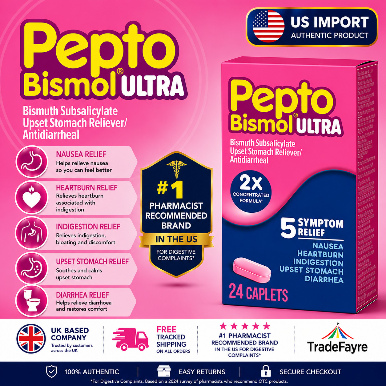 Pepto Bismol Ultra 24 Caplets new stock expiry 04/27 - Tracked delivery included