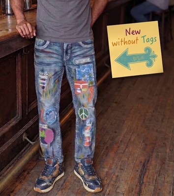 RARE ~ Rock Revival Armie Straight Men's Blue Patched  Jeans Size 36 x 32