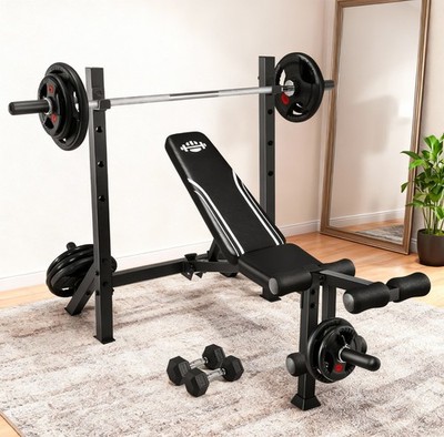 Home Gym Adjustable Weight Bench Press Set 900LBS with Squat Rack & Leg Extensio
