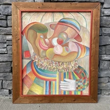 Vintage Surrealist Clown Circus Painting Mid Century Modernist Expressionist MCM