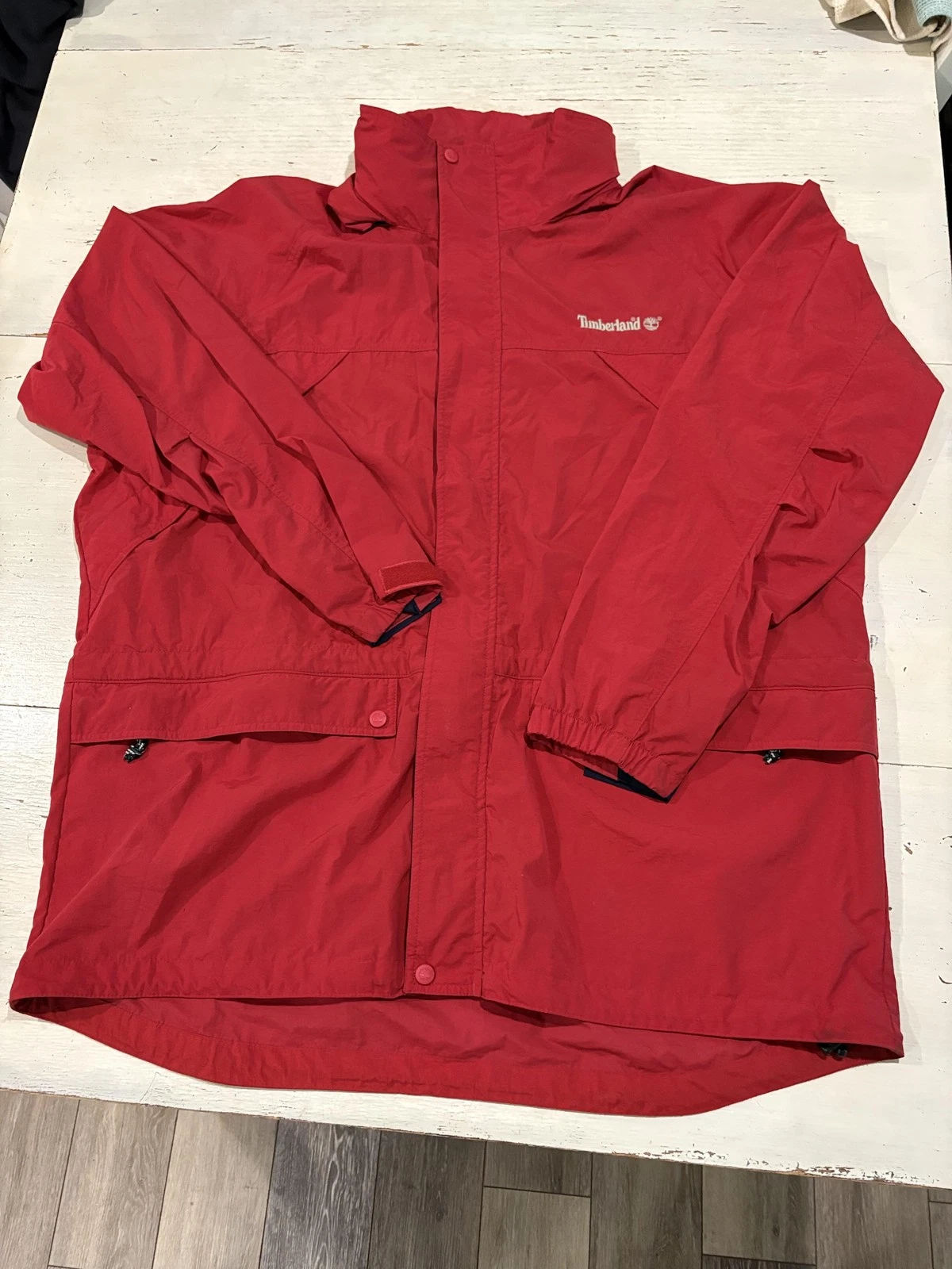 Vintage Timberland Jacket Mens XL Nylon Hooded Windbreaker Outdoor Rugged 90s