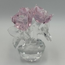 Handmade Crystal Glass Pink Rose Bouquet Flowers Vase Figurine Gift Bag Card