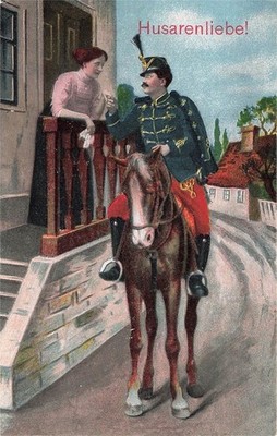 Postcard Hussar Love! - Hussar on Horseback with Lady on Balcony - Patriotic Artist