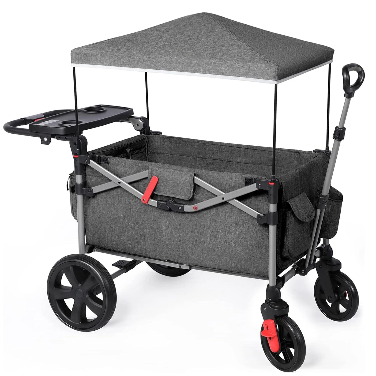 Foldable Wagons for Two Kids & Cargo, Collapsible Folding Wagon Stroller with Ad
