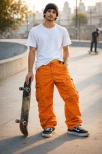 Vintage Parachute Cargo Pants 34  Baggy Skater Orange Yellow Reverse Wide Leg