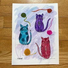 Hand painted watercolor original painting whimsical cats yarn