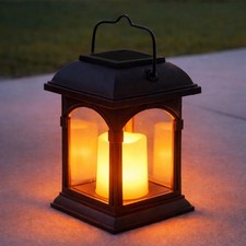 15cm Solar LED Flickering Flame Amber Candle Outdoor Hanging Table Lantern Light