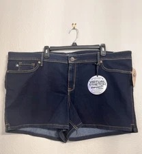 Source of Wisdom Denim Shorts Women Size 28 Dark Wash Pockets Zipper Stretch