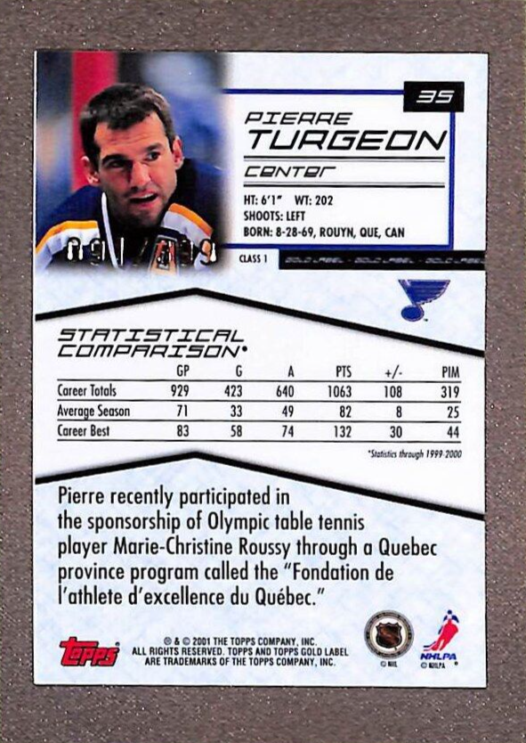 2001 Topps Gold Label #35 Pierre Turgeon Class 1 Gold Refractor SP