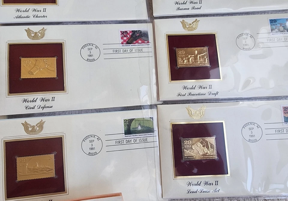 10 réplicas douradas. Selos dos EUA 22kt placa de ouro edição de primeiro dia. Segunda Guerra Mundial  - Imagem 2 de 4