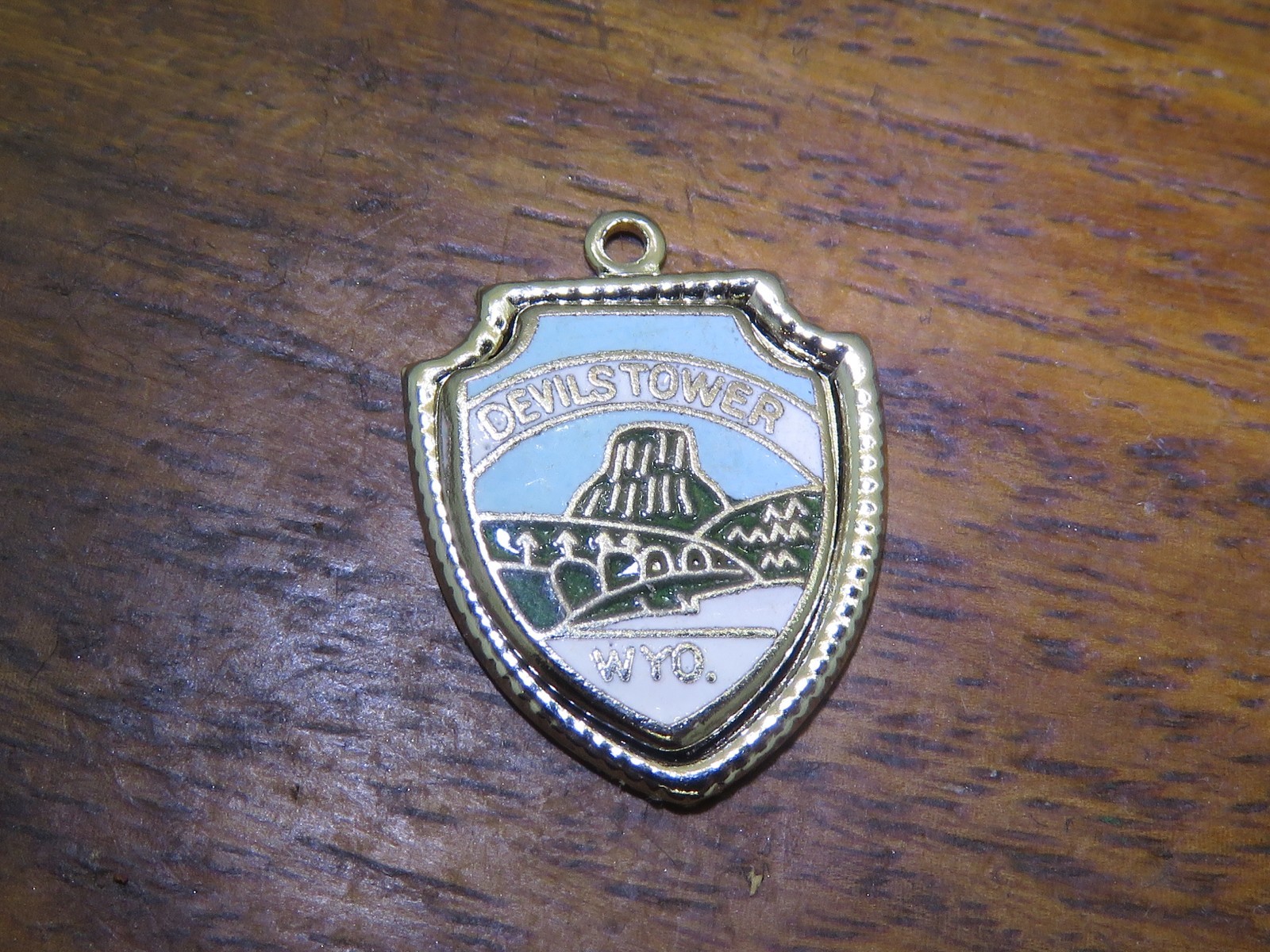 Vintage silver WYOMING STATE DEVILS TOWER ENAMEL TRAVEL SHIELD charm